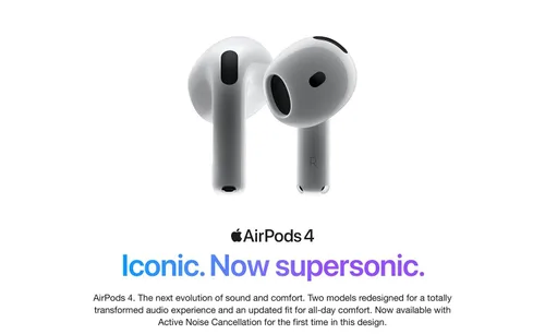 Fotografía de producto de Apple AirPods 4, los auriculares rediseñados sobre un fondo de estudio limpio