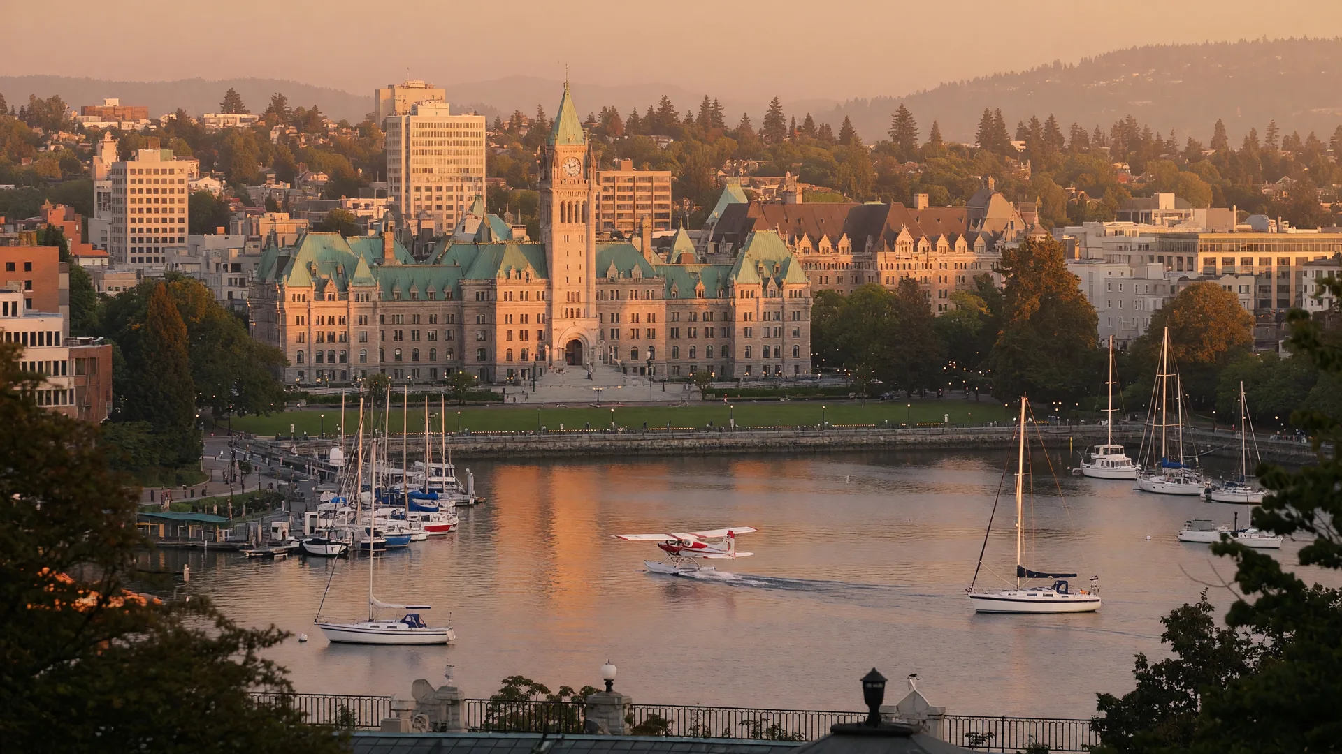 Victoria skyline and Inner Harbour at golden hour