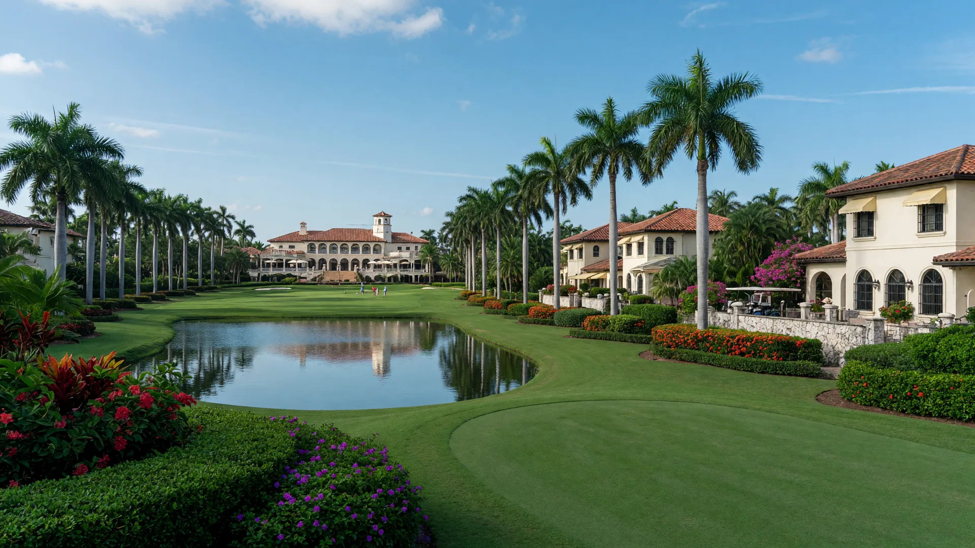 Palm-lined golf fairway leading to a stately clubhouse at Broken Sound Country Club in Boca Raton