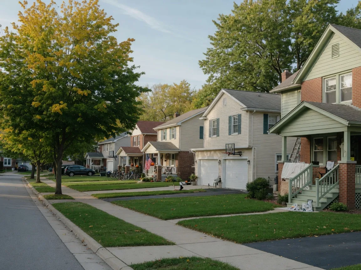 A quiet Indiana suburban street with well-kept brick and siding homes and mature trees on a clear afternoon