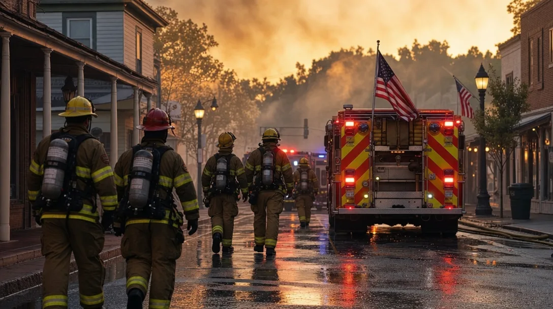 LA County firefighters walking along Main Street in Old Town Newhall at dawn after battling the fire