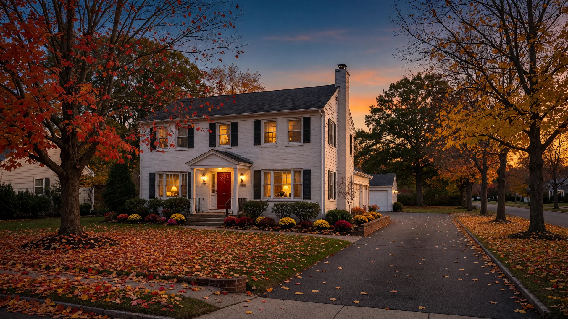 Post-war colonial home in Cinnaminson New Jersey in late October at dusk with golden window light and autumn leaves on the lawn