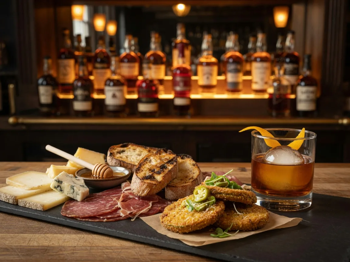 A charcuterie board and handcrafted old-fashioned cocktail on a rustic wooden table at Louis' House of Bourbon in Braselton Georgia, with warm amber bar lighting behind