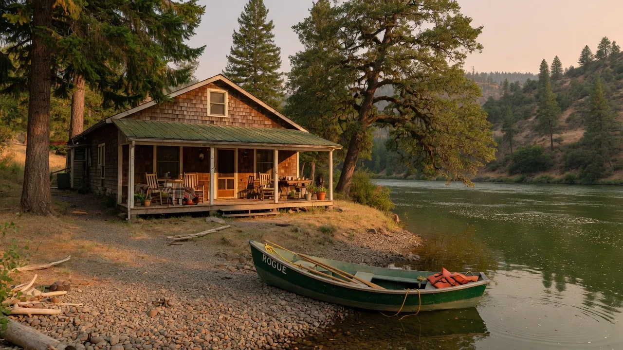 A riverside home on the Rogue River at golden hour, covered porch facing the water with a drift boat on the gravel bank