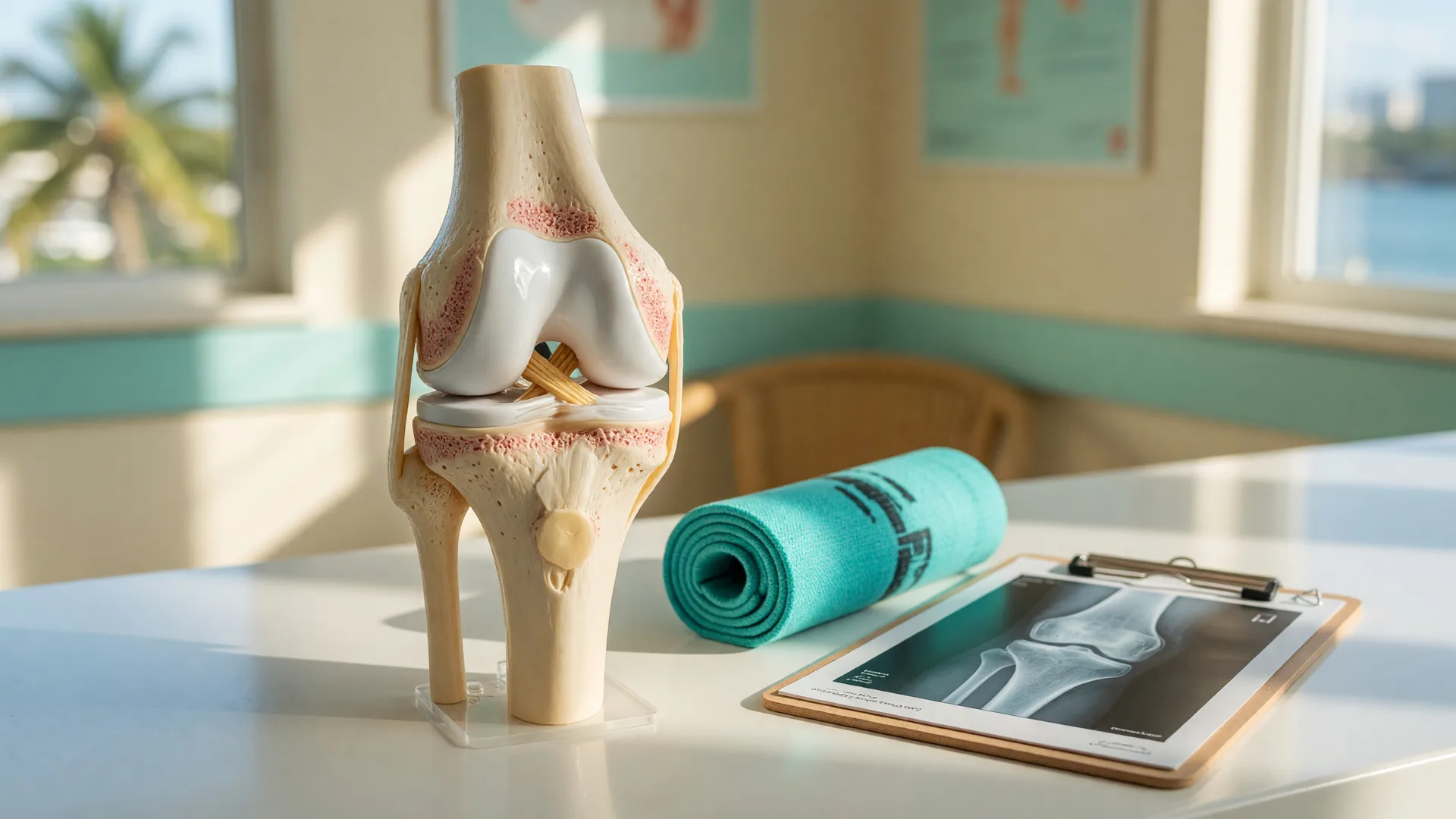 An anatomical model of a knee joint on a sunlit white counter beside a resistance band and a clipboard with a knee X-ray in a Honolulu consultation room