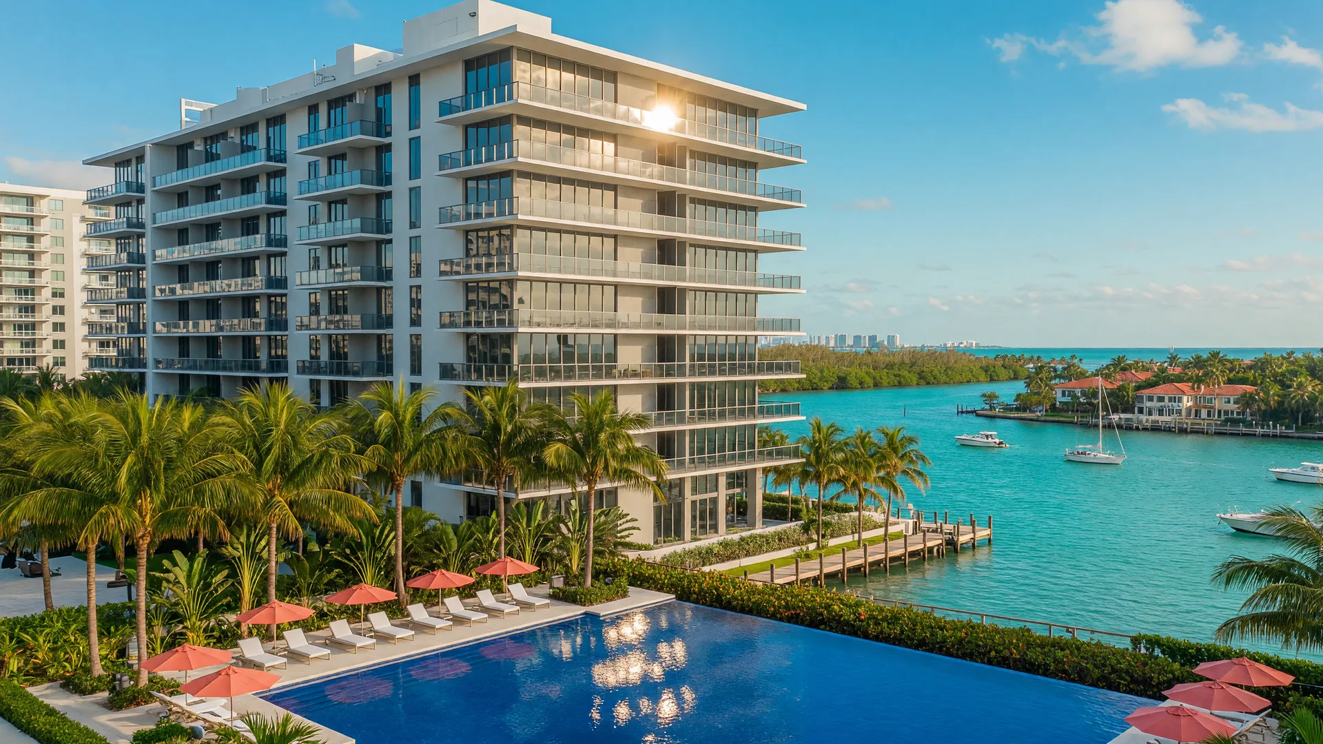 Modern luxury condominium building in South Florida with pool and ocean views