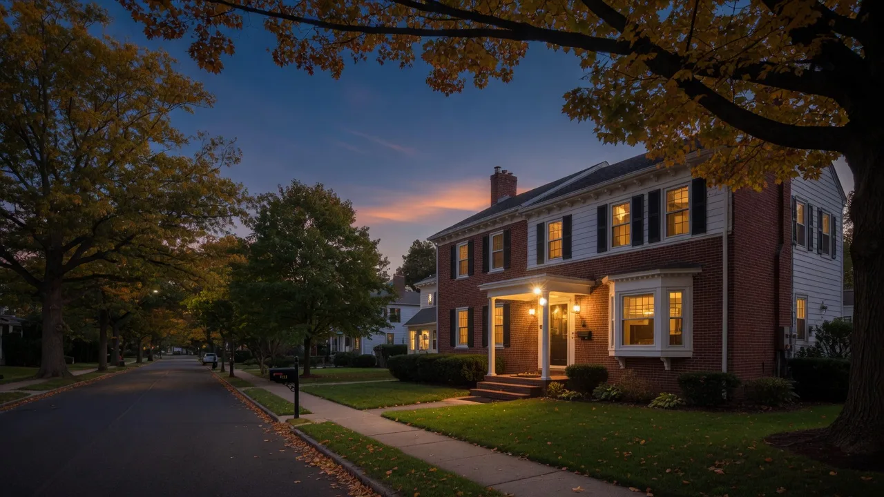 Colonial home in Moorestown glowing with warm porch light at dusk