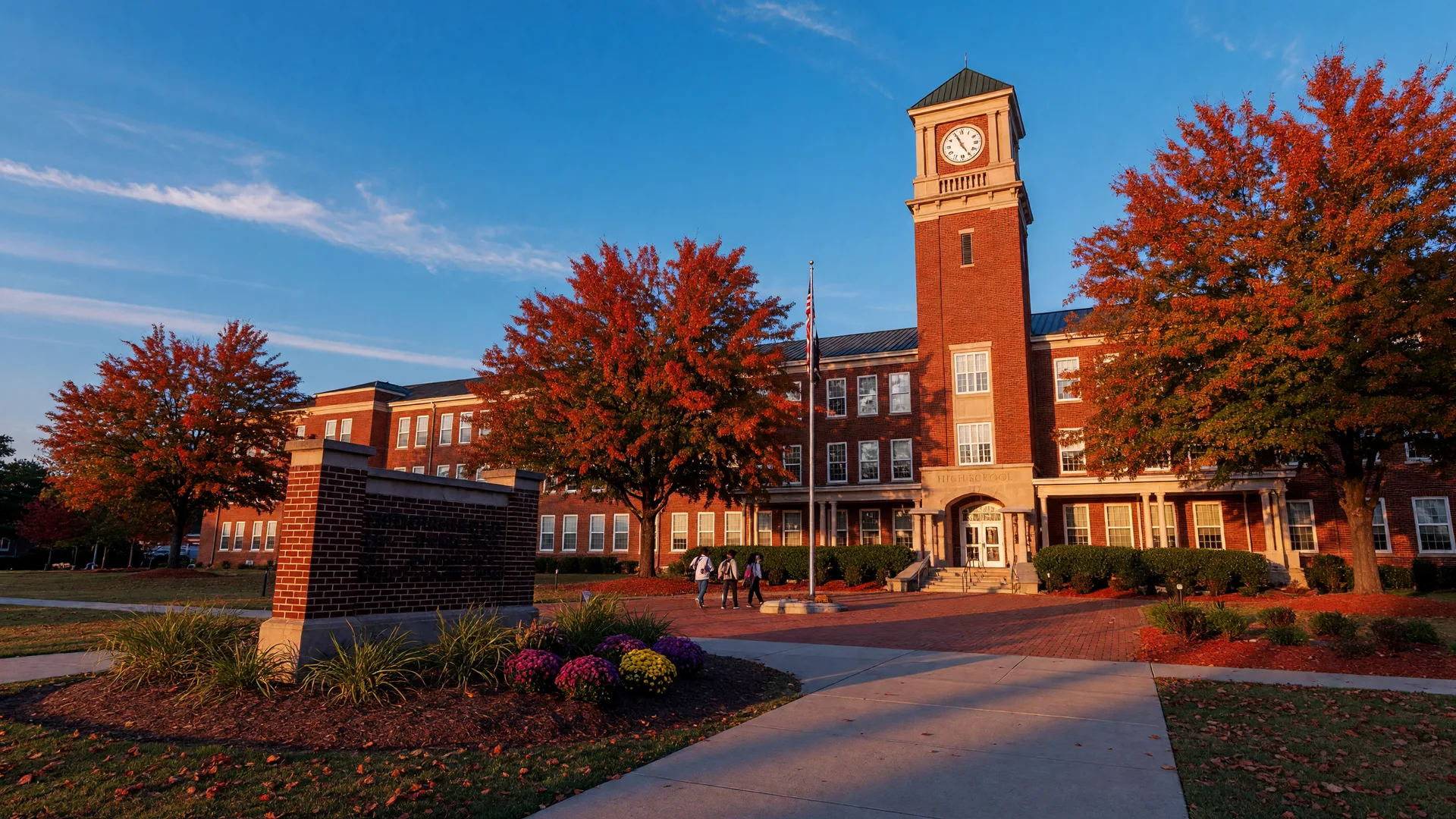Cartersville High School in Cartersville, Georgia on a bright autumn afternoon with fall foliage, school buses, and red brick buildings