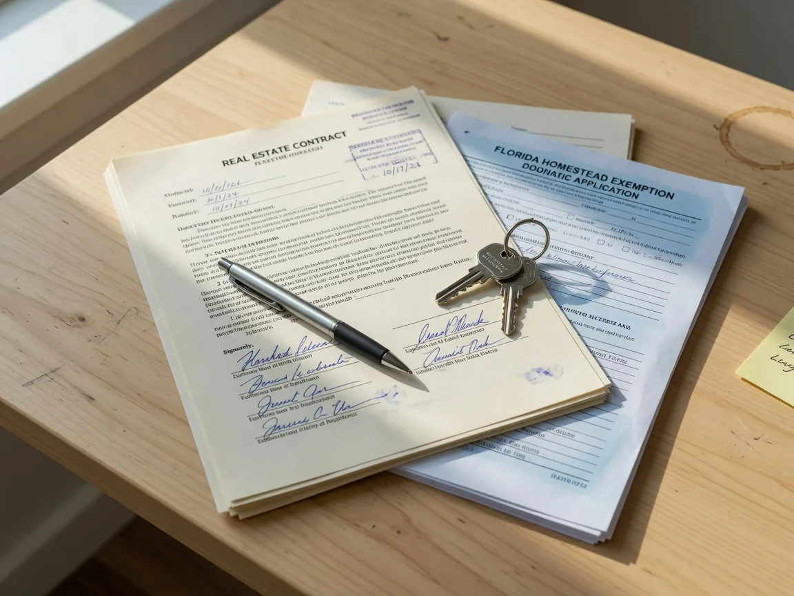 Signing a homestead exemption application with a house key, representing Florida property tax savings for homeowners