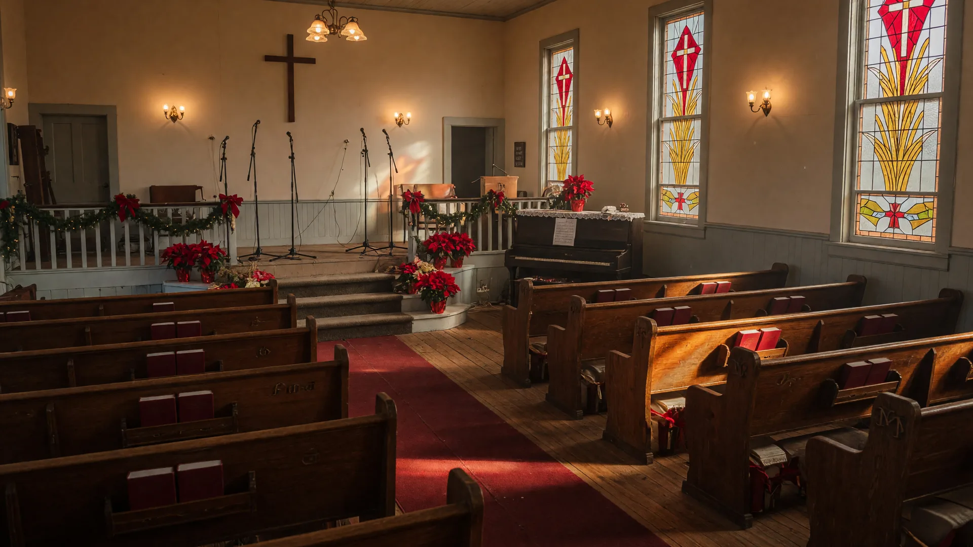 A small East Texas country church interior prepared for a Christmas concert, with wooden pews, a stage with microphones, and golden light through stained glass