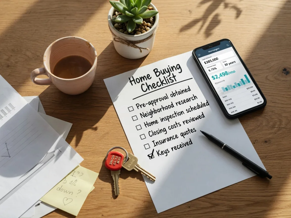 Overhead view of a home buying checklist on a wooden table with a smartphone, coffee cup, and house key