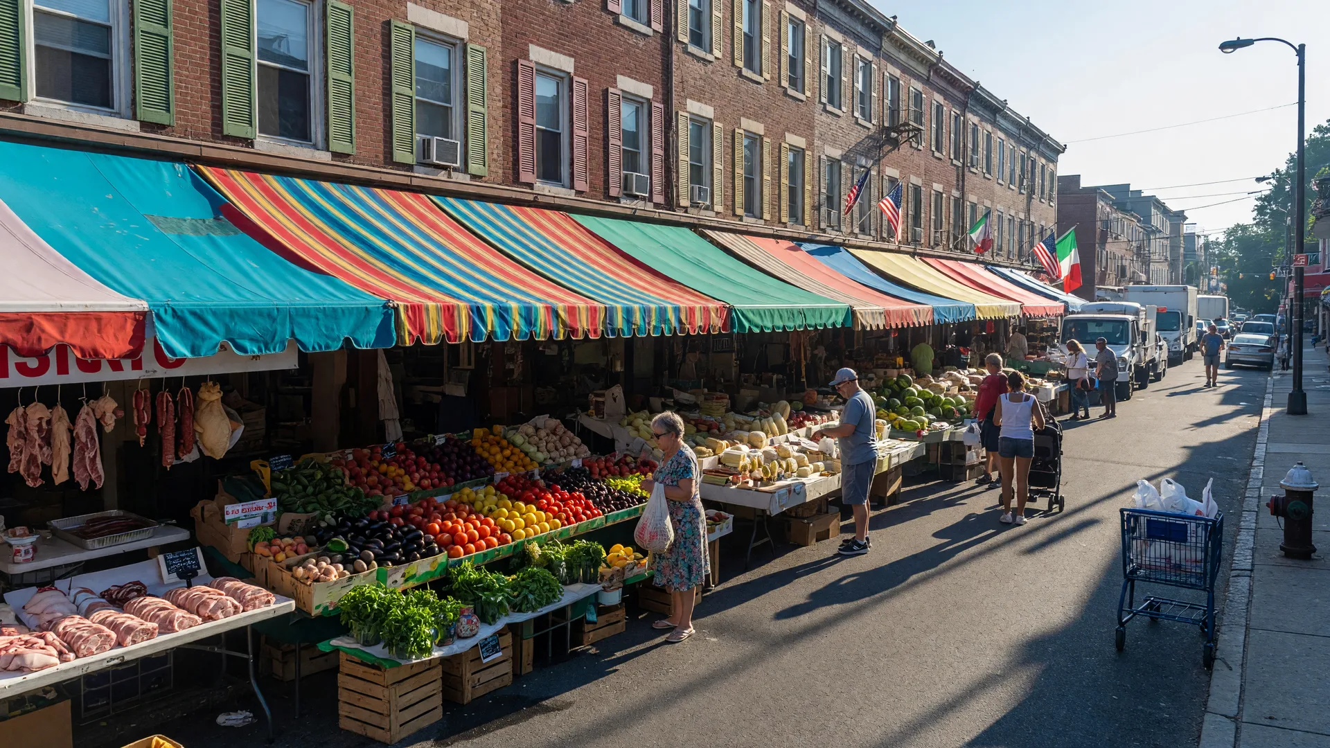 Italian Market on 9th Street in Bella Vista, Philadelphia with colorful awnings and brick rowhomes
