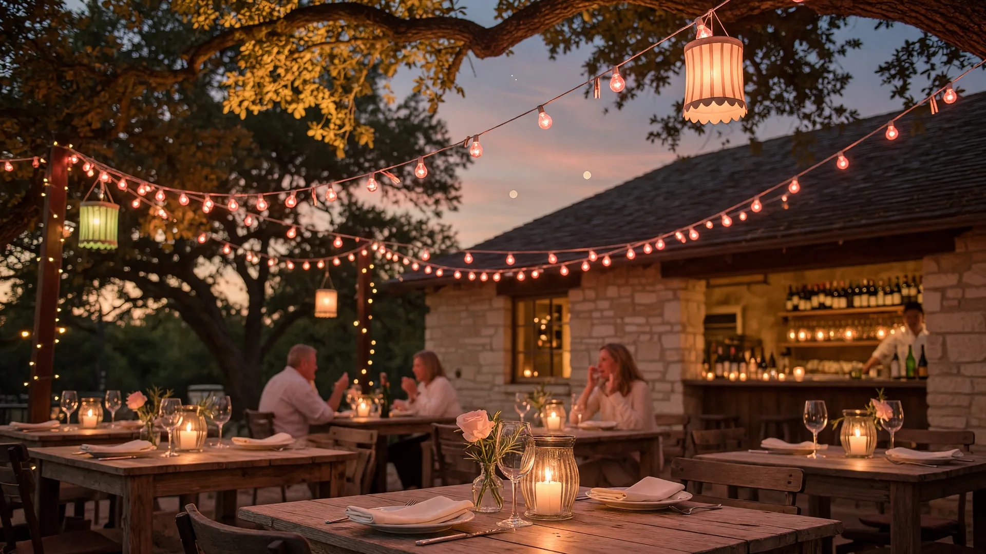 A string-light-lit Hill Country restaurant patio in Boerne with candlelit wooden tables at dusk