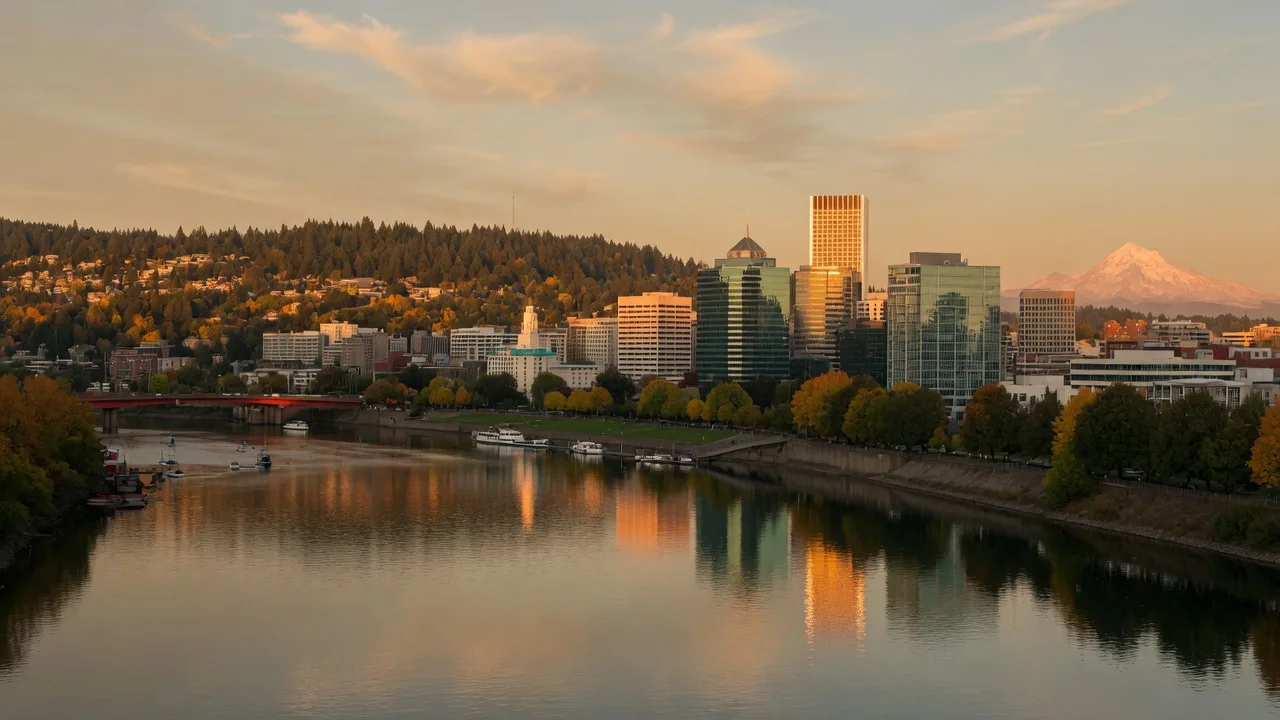 Portland downtown skyline at golden hour across the Willamette River with forested southwest hills and a faint Mount Hood