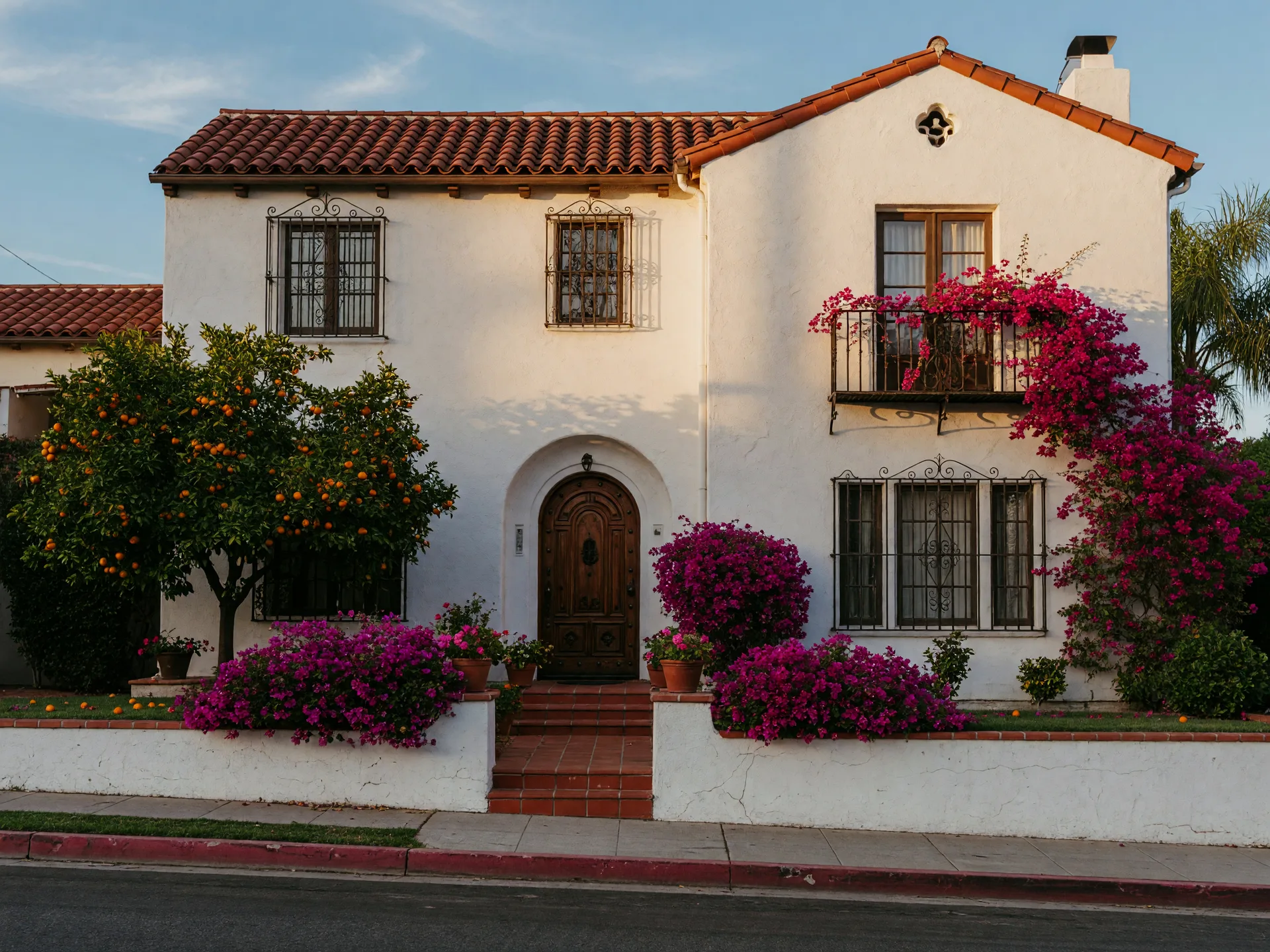 Spanish colonial revival home with white stucco and a red tile roof in golden afternoon light