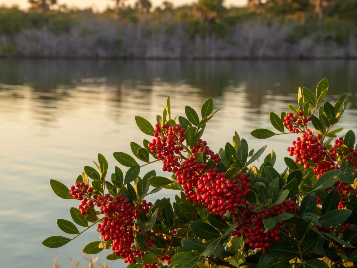 Brazilian pepper shrub with glossy compound leaves and clusters of red berries