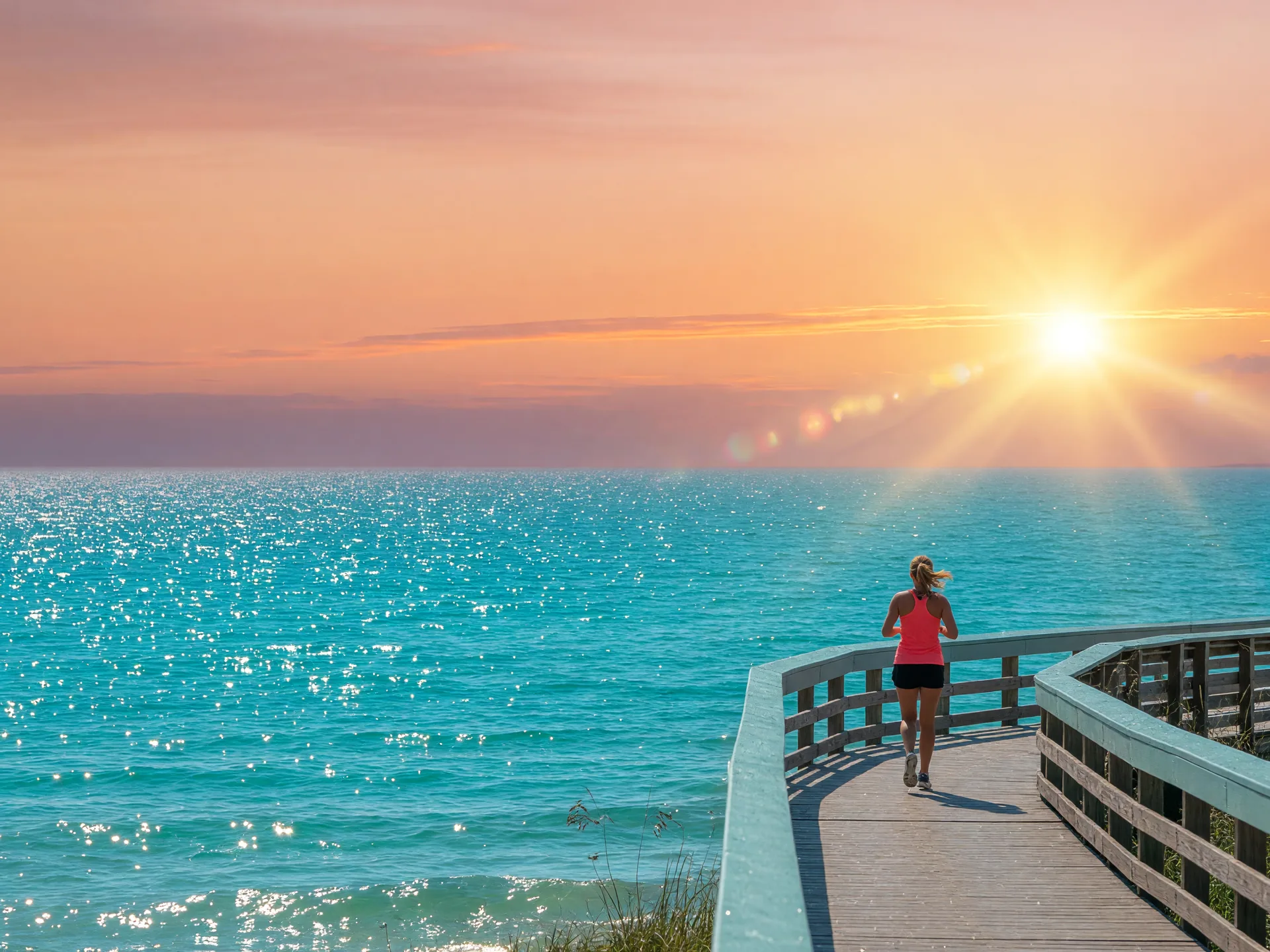 A runner on a coastal path at sunrise, representing active wellness at Zest 4 Wellness in Columbia, MD
