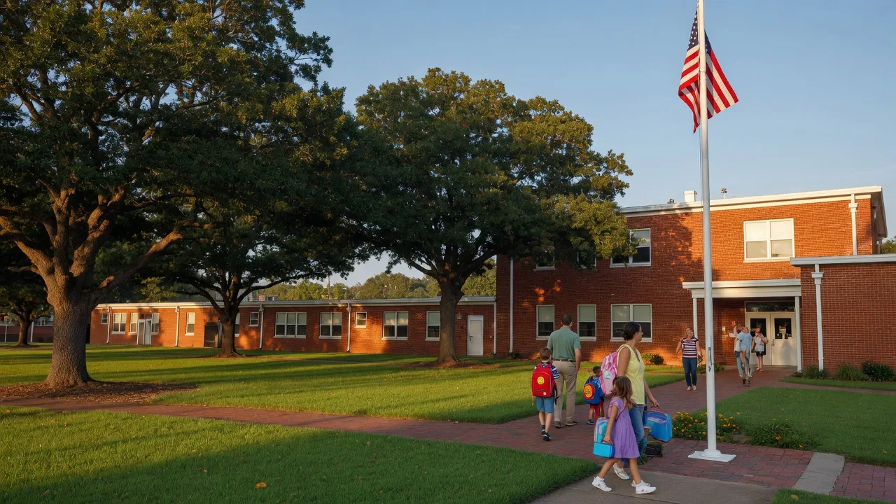A small-town Northeast Texas school campus on a bright first day of school morning, with red brick buildings, an American flag, and families walking children with backpacks toward the entrance