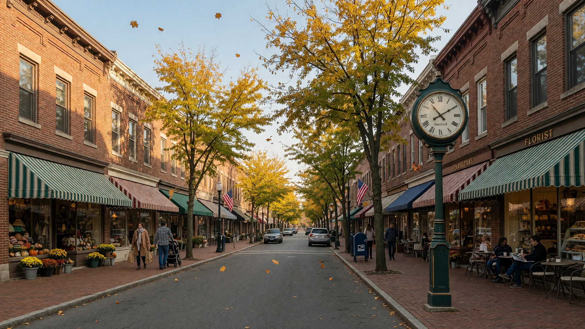 Classic Westfield NJ main street with brick storefronts, awnings, and a tall street clock on a sunny morning