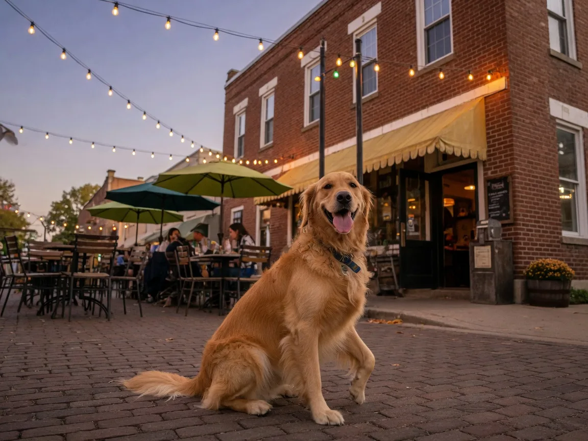 A golden retriever sitting outside a restaurant patio with string lights overhead