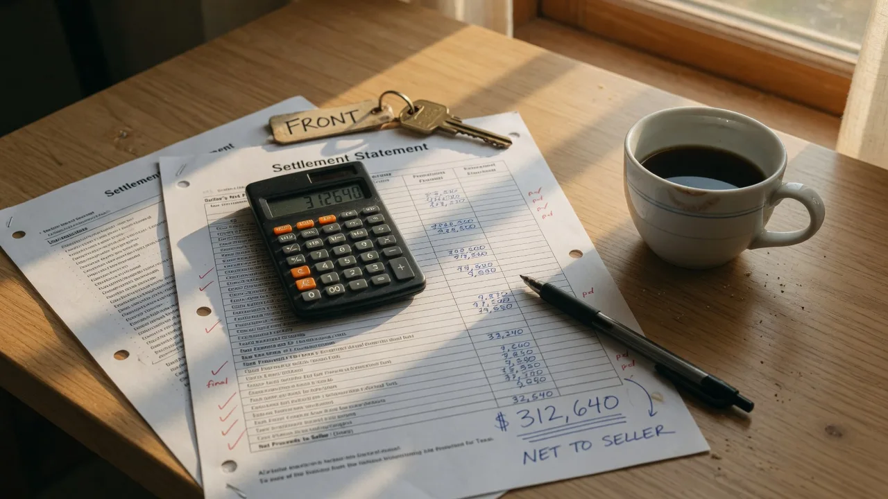 A seller's net proceeds worksheet with a settlement statement, calculator, brass key and pen on a light oak table in warm window light