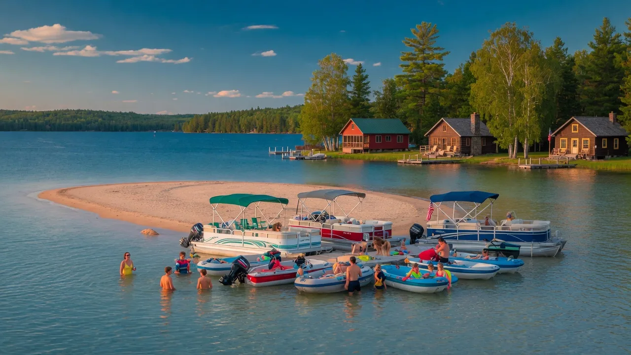 Pontoon boats anchored together at a sandy sandbar on the Whitefish Chain on a late summer afternoon