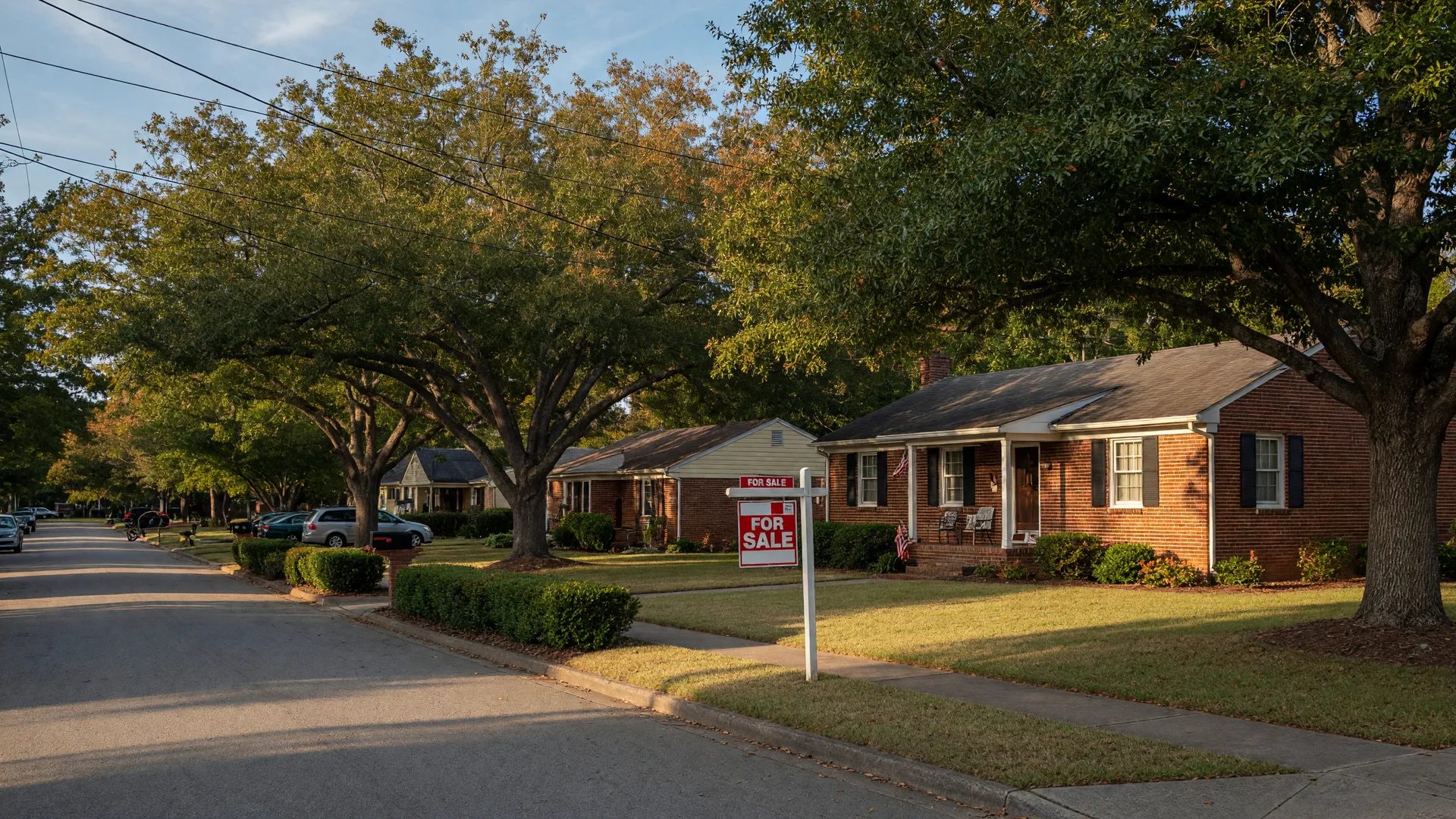 A brick ranch home with a For Sale sign on a tree-lined street in the Columbia SC Midlands in early-autumn golden light