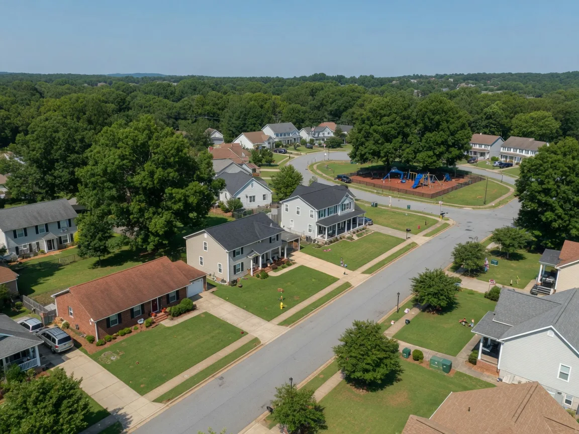 Aerial view of a tree-lined Smyrna neighborhood with mixed homes and green spaces
