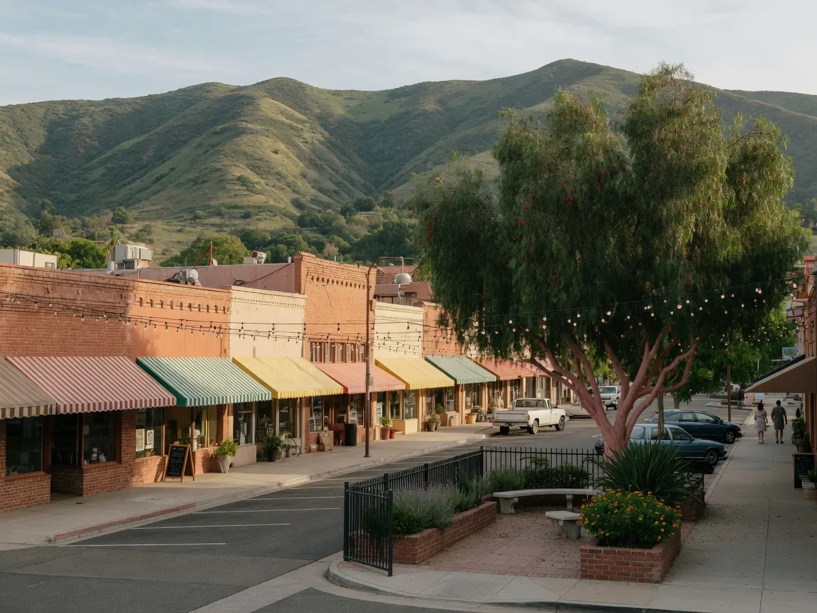 Historic storefronts and a shaded plaza in Escondido's downtown