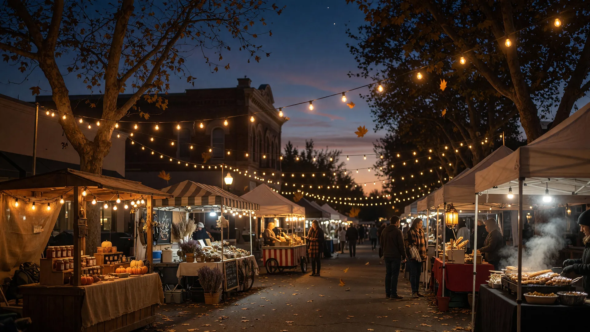 Evening street market in Historic Downtown Murrieta with string lights and vendor booths