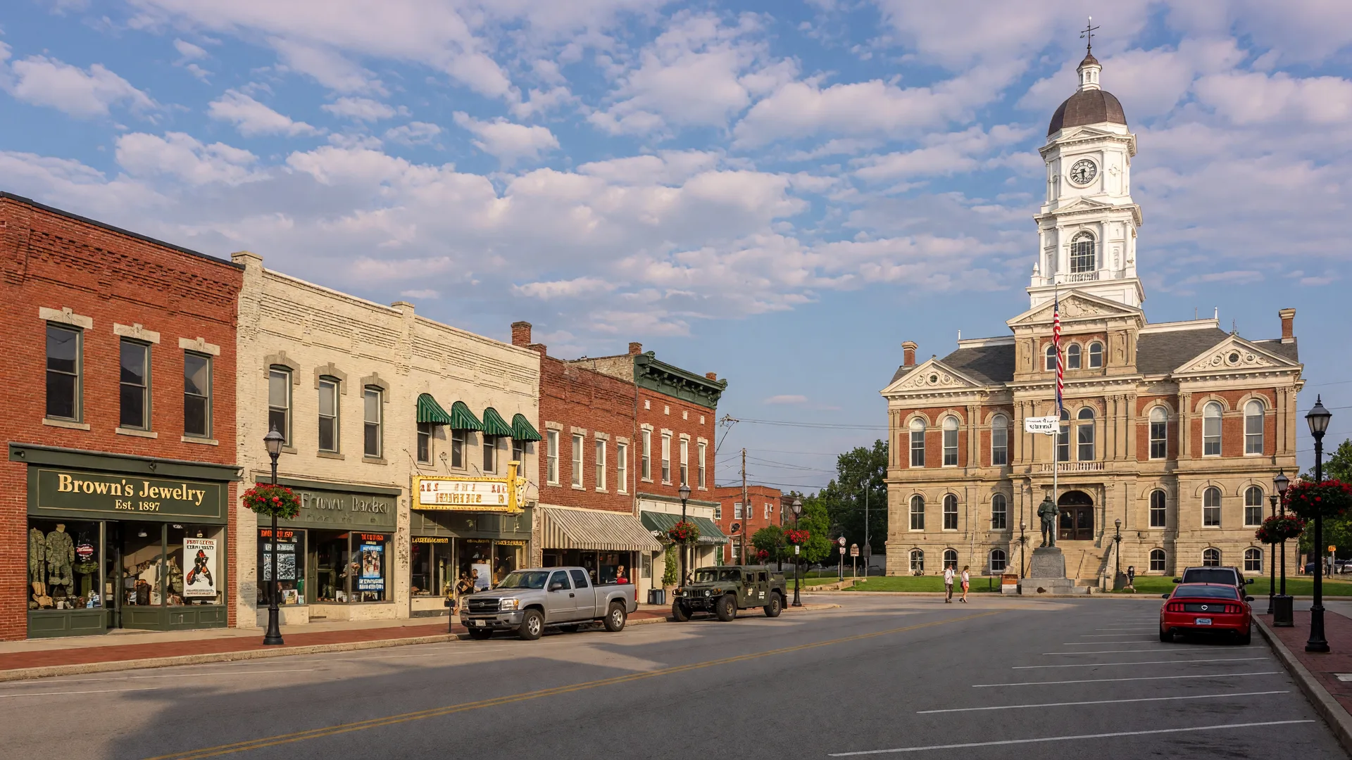Elizabethtown, Kentucky's historic downtown with Main Street, Hardin County courthouse, and the distinctive Fort Knox military-community character