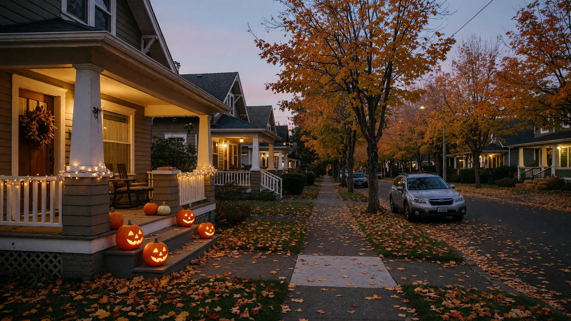 A cozy Pacific Northwest porch at dusk with glowing jack-o-lanterns, string lights and pumpkins under orange maple trees on a Bethany street