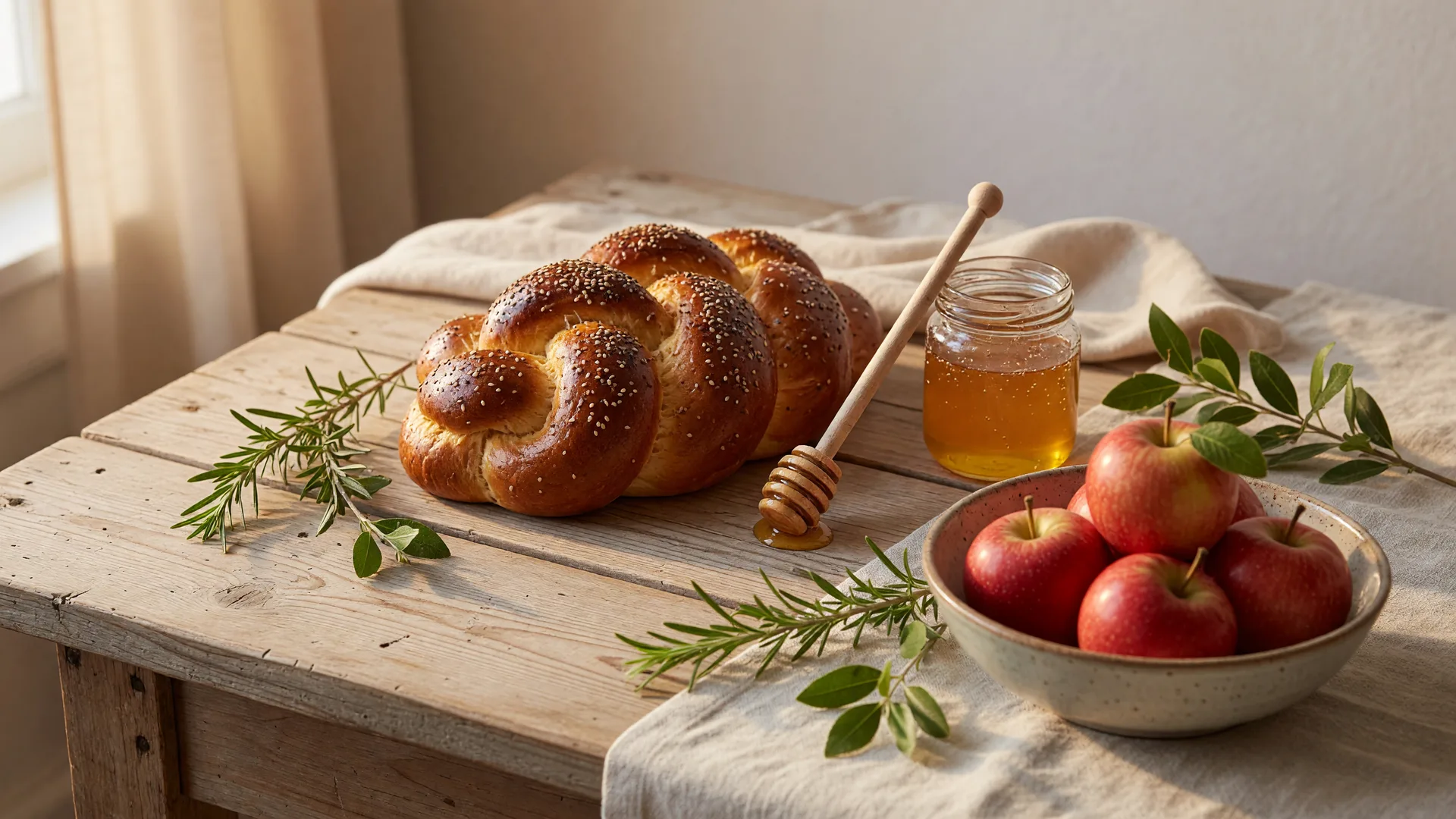 A warm table setting with round challah, a jar of honey, and red apples for the Jewish New Year