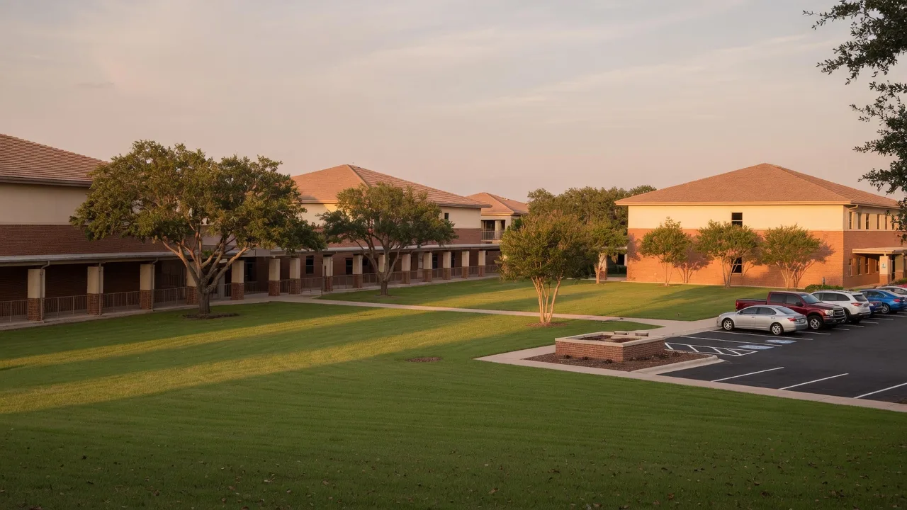 A modern Texas public school campus with low brick buildings, covered walkways, and a manicured lawn
