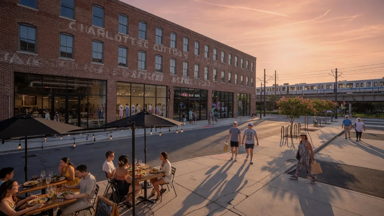 South End Charlotte with light rail, converted brick mill buildings, and outdoor dining