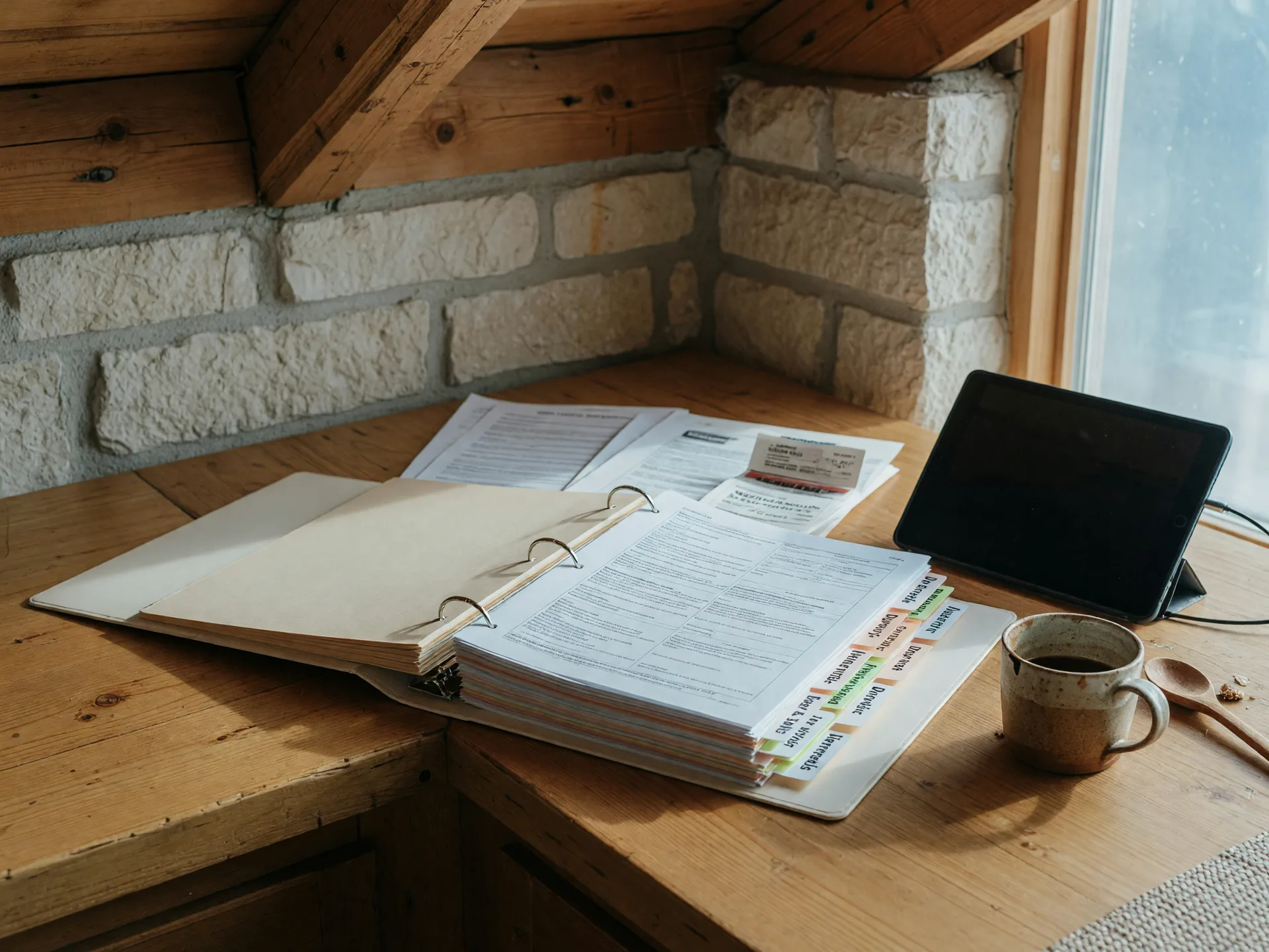 An open property records binder with labeled divider tabs on a kitchen counter in a Hill Country home, holding the documents a buyer's team will request