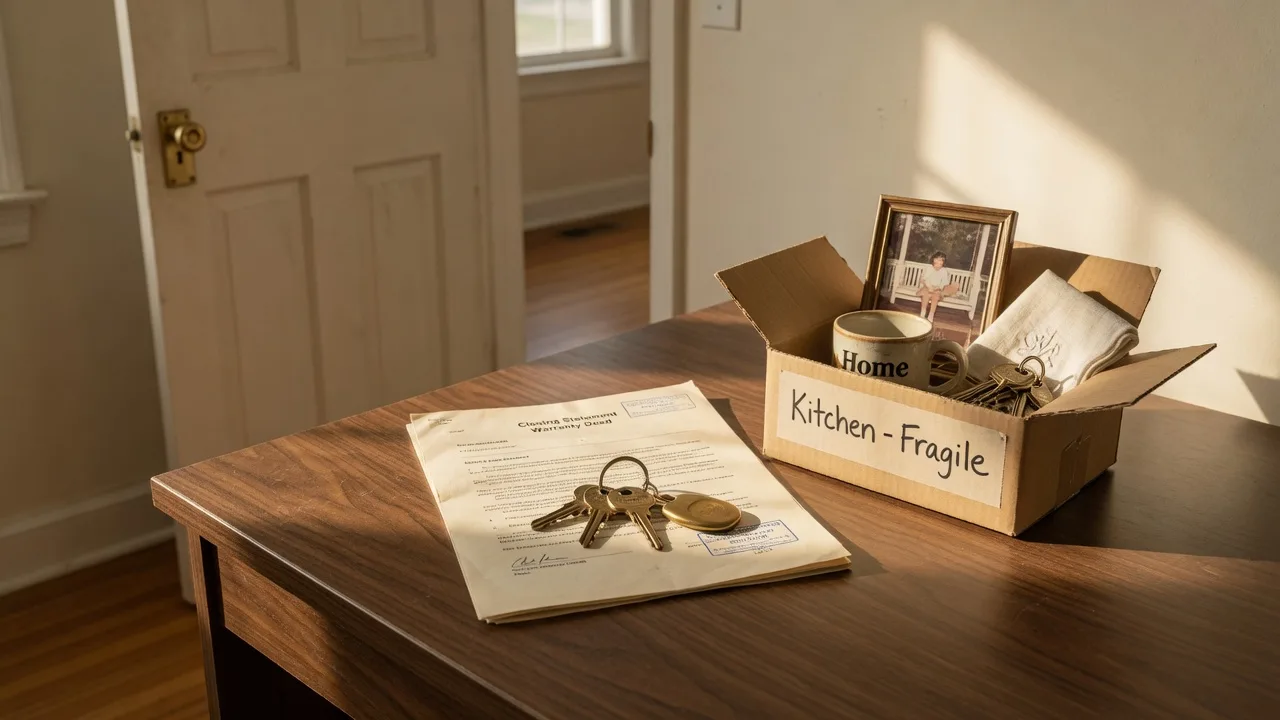 Brass house keys resting on a folded estate document beside a small moving box on a dark walnut desk in warm afternoon light