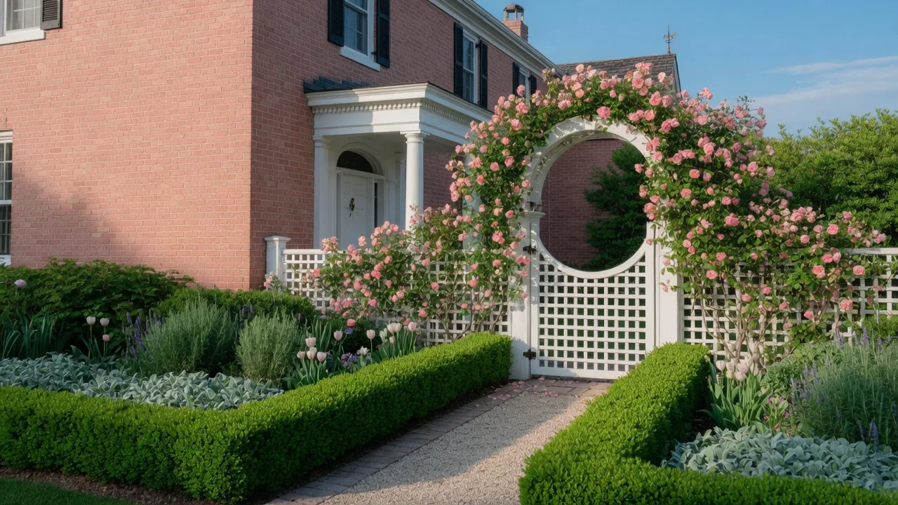 A heritage brick house with climbing roses and a white portico on a bright morning