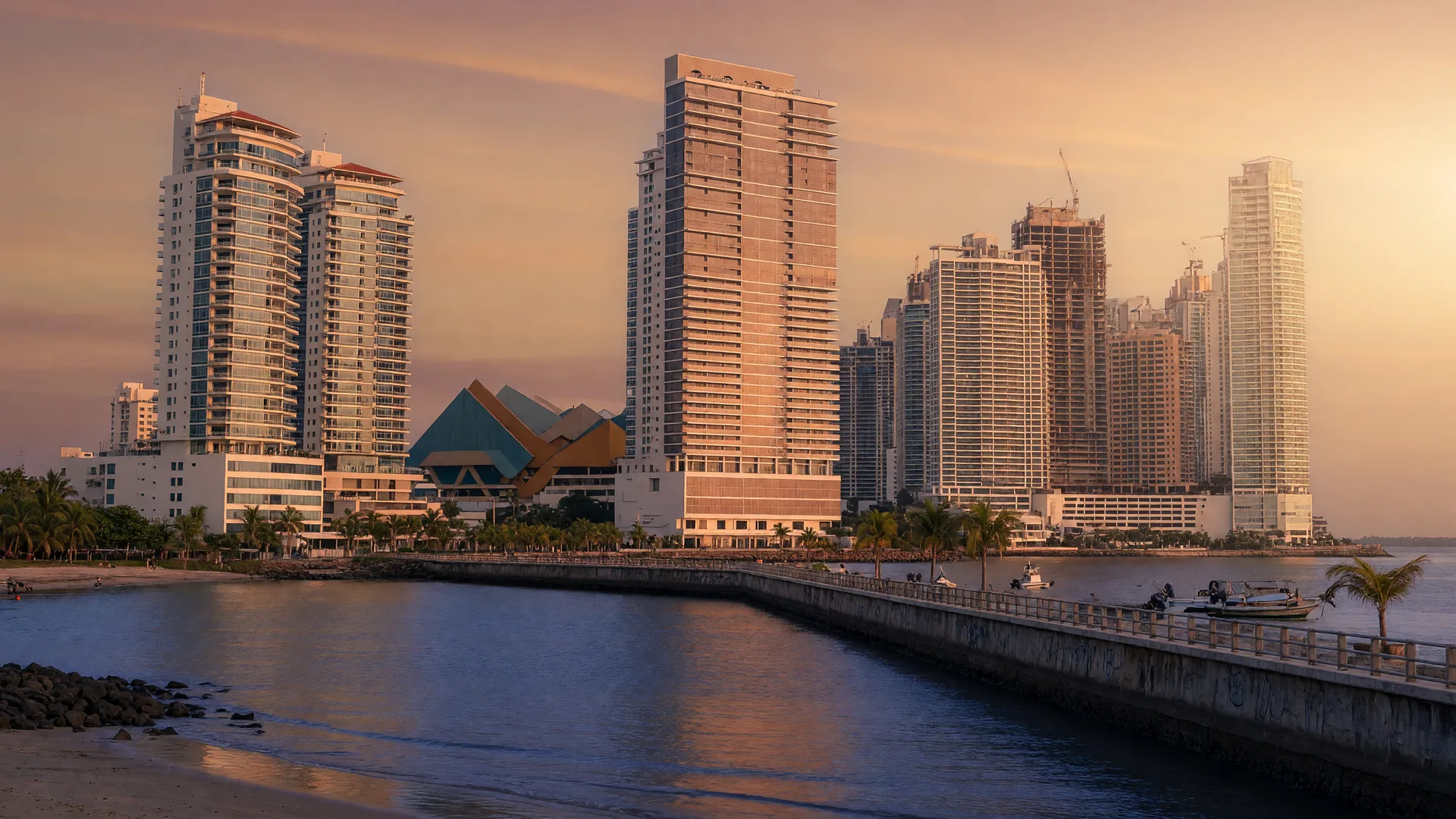 Panama City skyline along the Pacific waterfront at golden hour