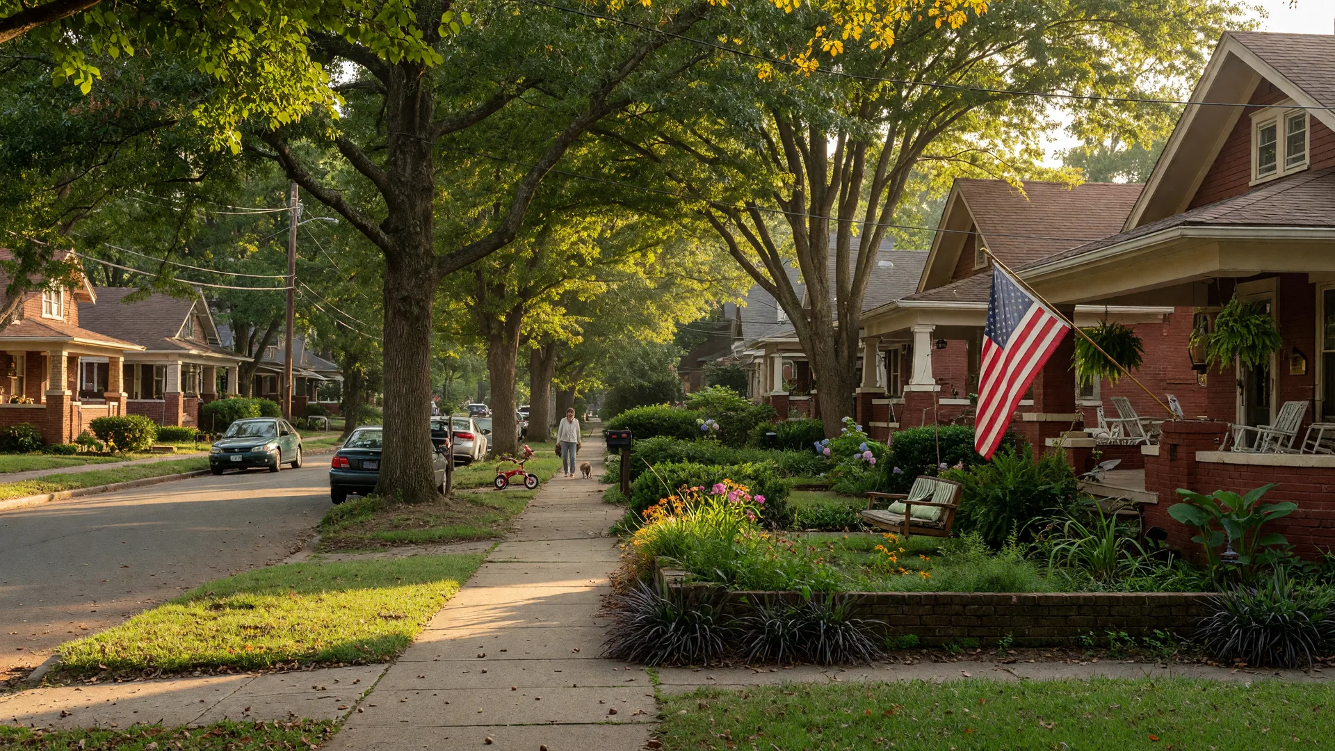 Historic Dilworth Charlotte neighborhood with tree-lined streets and classic early-1900s brick bungalows at golden hour