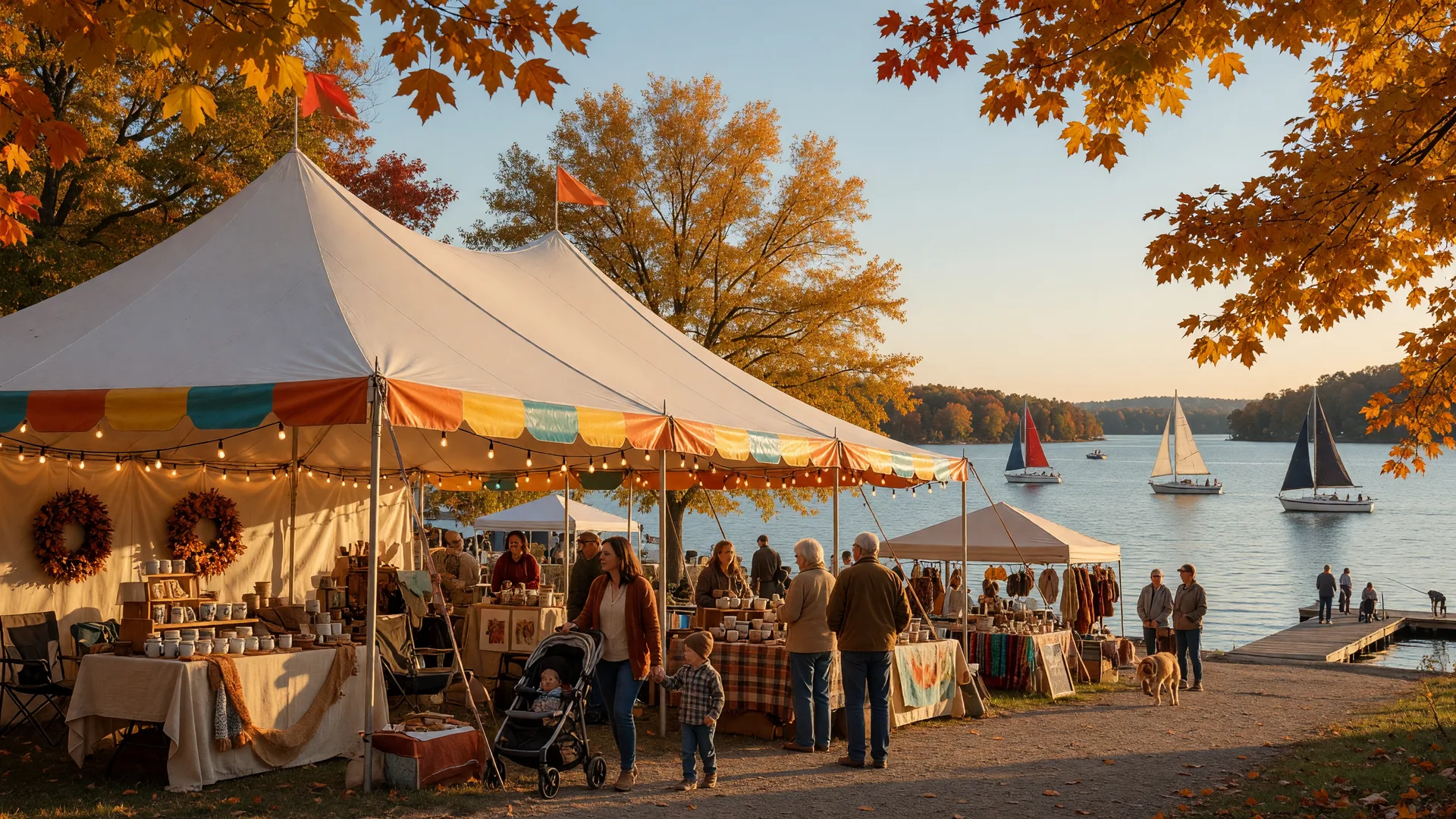 An early-October autumn festival on the shore of Lake Norman with a striped festival tent, string lights, artisan stalls, fall foliage, and sailboats on the lake in golden afternoon light