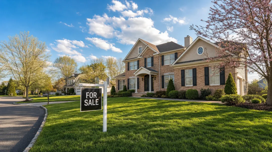 Colonial home with a For Sale sign in Cherry Hill on a sunny spring morning
