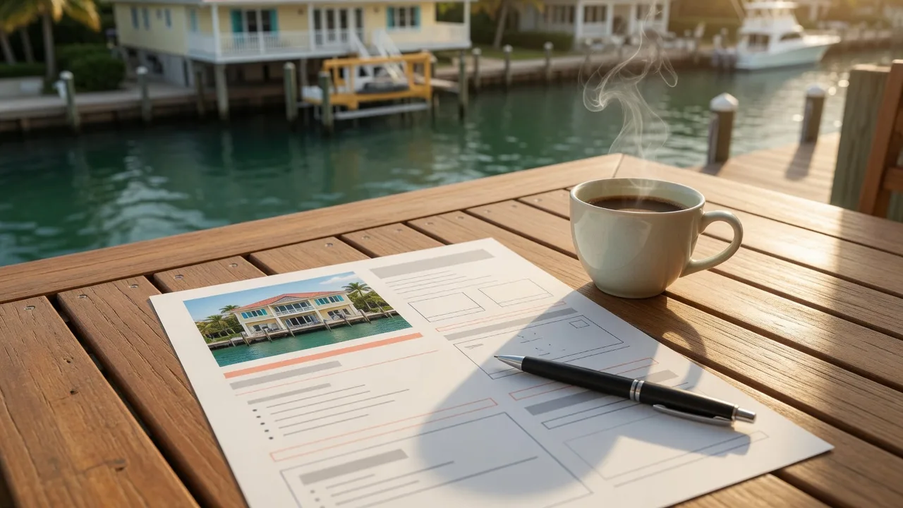 A printed Florida Keys waterfront home listing sheet on a warm teak dock table beside a pen and a coffee cup, a deep-water canal with an elevated luxury home and boat lift blurred in the golden morning background