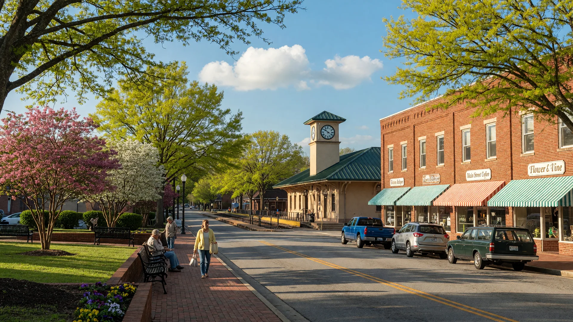 Historic downtown Tucker Georgia Main Street with brick storefronts, a town green, and a former railroad depot