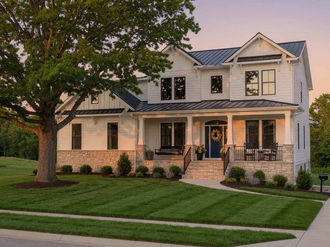 A beautiful new construction home in Liberty, Missouri with modern architecture and warm evening light