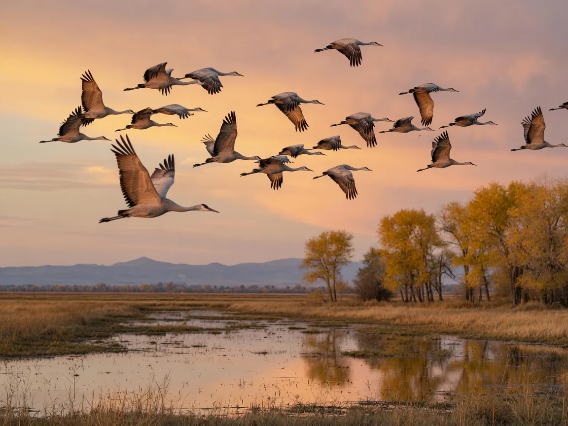 A large flock of sandhill cranes lifting off from a shallow seasonal wetland at Merced National Wildlife Refuge at golden hour, long-necked gray birds with dark wing tips rising against a warm gold-and-rose sky, still water reflecting the light, cottonwoods turning gold along the marsh edge