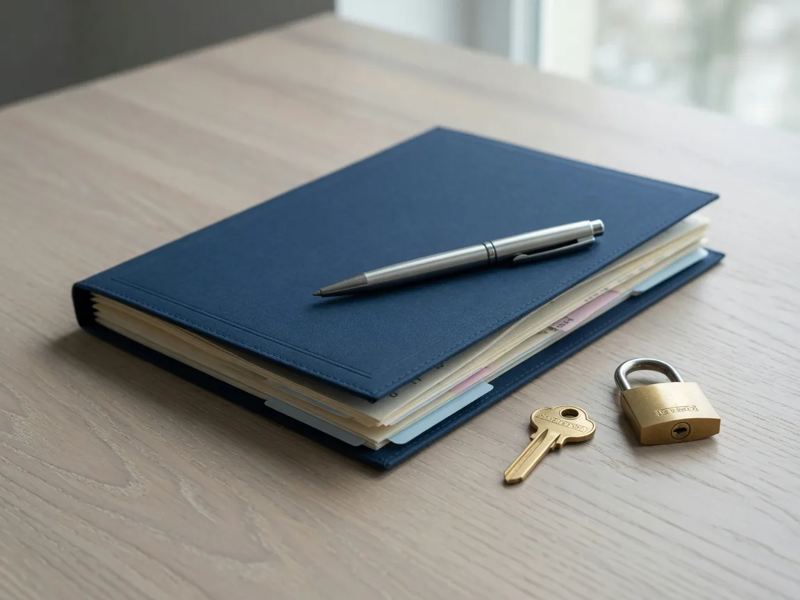 A navy-blue folder of property closing papers with a pen, a brass house key, and a small padlock on a desk
