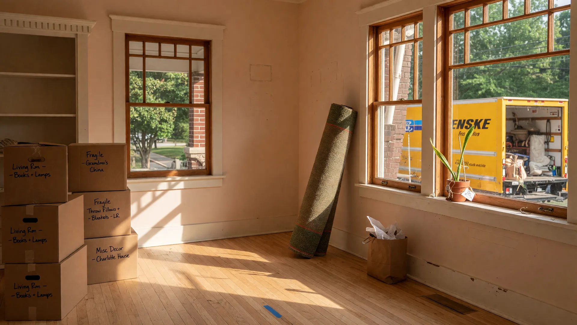 Sunlit living room mid-move with labeled moving boxes and a rolled rug in a new Charlotte home