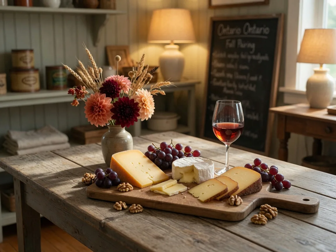 A fall wine and cheese pairing table in a warm heritage shop: a wooden board of aged cheddar, brie and smoked gouda, a glass of red wine, grapes, walnuts and late-summer dahlias