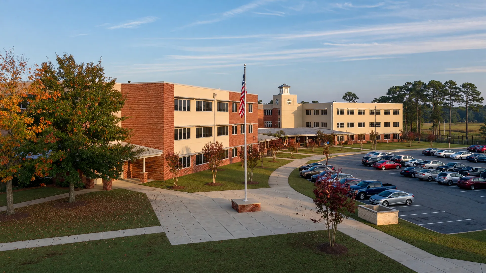 Modern suburban high school campus in Virginia Beach with red brick classroom buildings and a flagpole plaza on a clear autumn morning